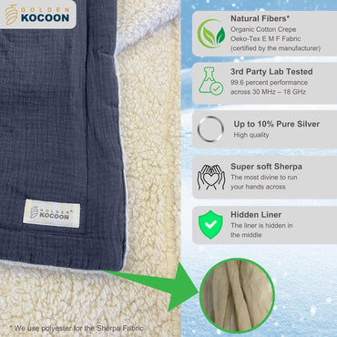 E-M-F Blanket - Organic Cotton Crepe & Sherpa Blanket, with EcoMesh™ Faraday Silver Liner - Size 48x59 inch (122cm x 150cm) - ideal for everyday 5 G, B T, Smart Meter & Wi Fi environments