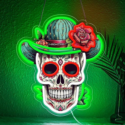 Day of the Dead Neon Sign - Mexican Sugar Skull LED Neon Light for Home & Bar Decor,UV Printed Art with Flexible LED Strip,Halloween & Día de Muertos Party Decoration(green)