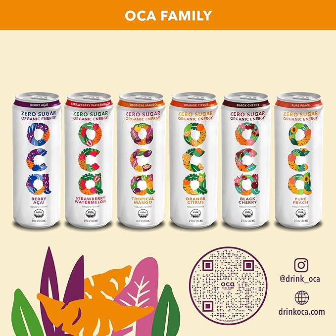 OCA ZERO Tropical Mango, Organic energy drink, zero sugar, gluten-free, vegan plant-based, 12 Fl Oz (12-pack)