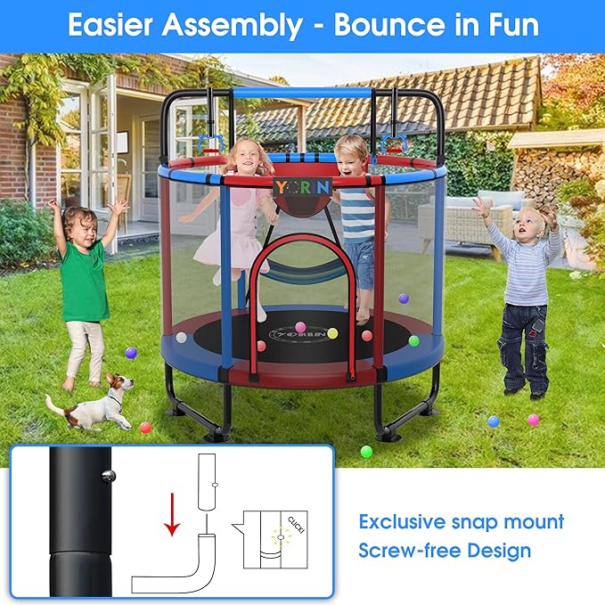 YORIN Trampoline for Kids 66'' 60'' 55'' Toddler Mini Small Trampoline Outdoor Indoor Trampoline W Basketball Hoop, Swing, Adjustable Gymnastics Bar, Gift for Baby, Toddlers & Kids