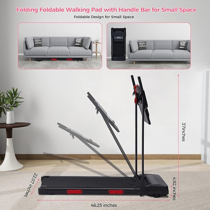 Foldable Folding Walking Pads Treadmills for Home with Handles, 3.5HP Electric Walking Pad Treadmill with Handle Bar, 0.6-10MPH Compact Portable Home Small Treadmills for Small Spaces, 400LBS