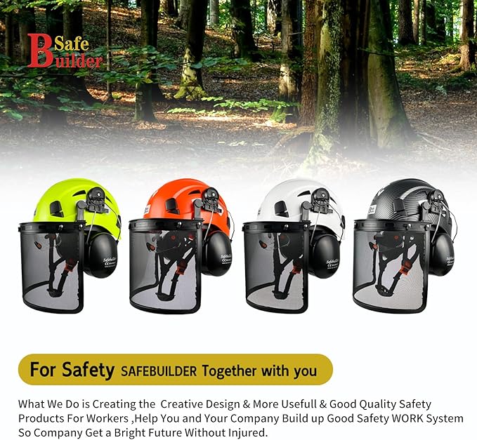 SAFEBUILDER Forestry Safety Helmet with Build-in Visor Mesh Face Shield Ear Muffs 4 in 1 Chainsaw Safety Hard Hats