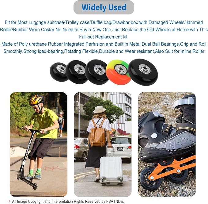 Luggage Suitcase Replacement Wheels Set 4Pcs PU Bearing Wheels-Install Dia 2.4in/60mm Width 0.8inch/21mm with 3 Size Axles for Trolley Bag Drawbar Box Smooth Rolling Repair