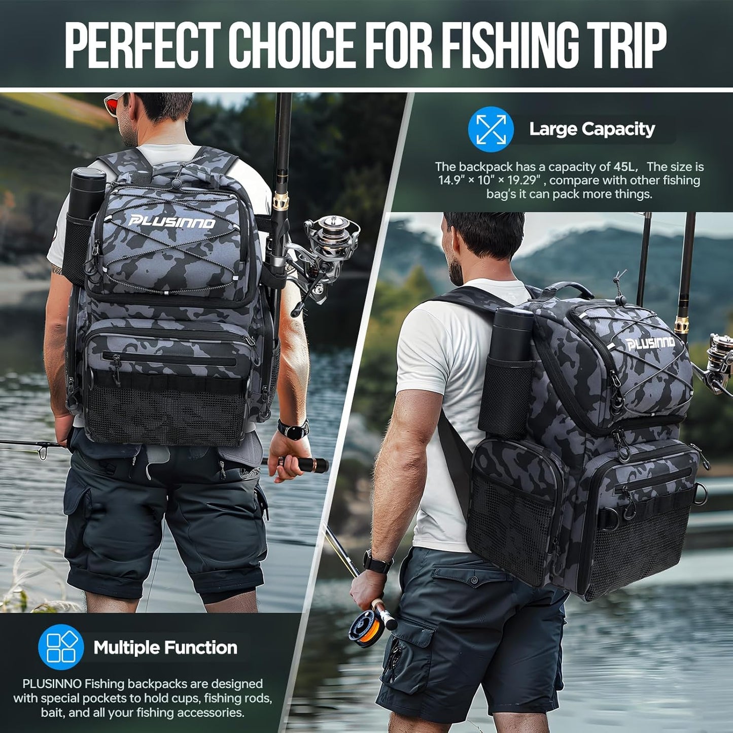 PLUSINNO H5 Horizontal Fishing Rod/Pole Holders for Garage,And Fishing Backpack with Rod Holders & Cooler