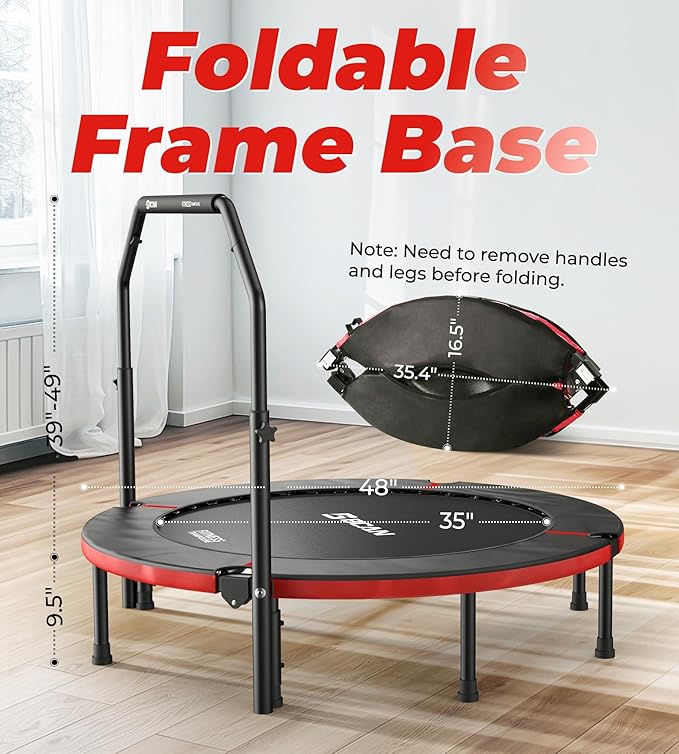 BCAN 40"/48" Foldable Mini Trampoline, Rebounder Trampoline for Adults, U/T Shape Adjustable Foam Handle, Exercise Rebounder for Adults Indoor/Garden Workout, Max Load 330lbs/440lbs