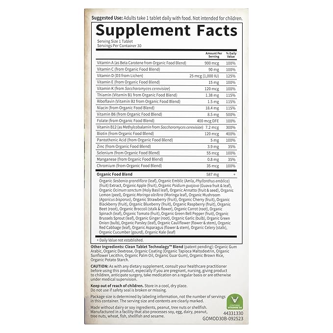 Garden of Life Once Daily Whole Food Multivitamin for Men, Organic Mens Vitamins & Minerals, Vitamin C, Zinc, Vegan, for Health & Well-Being, 30 Tablets