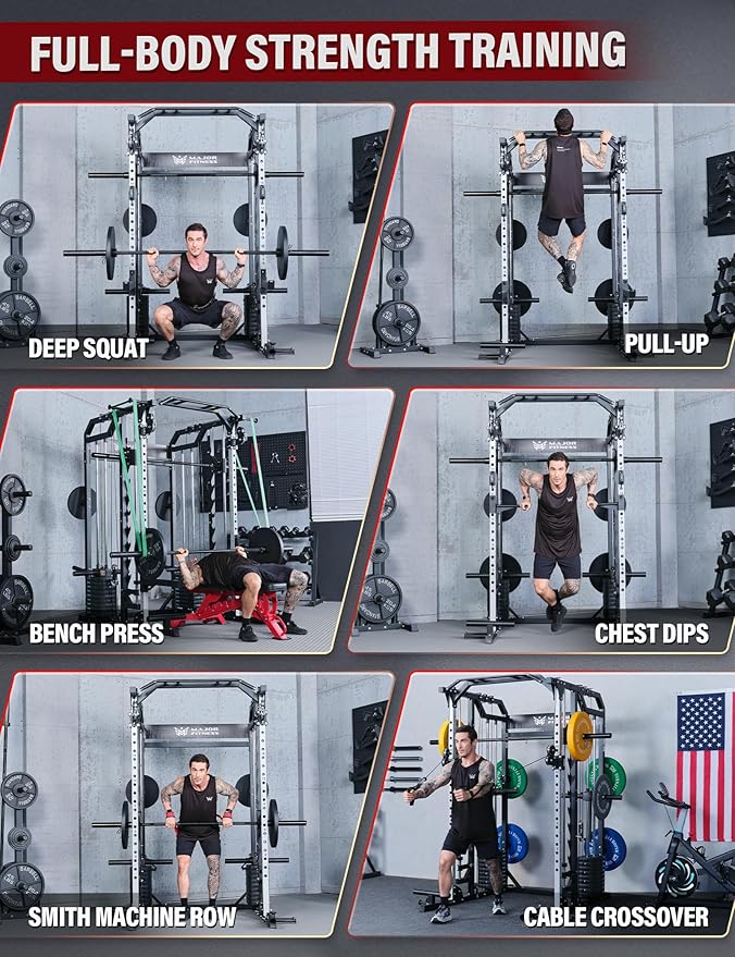 Major Fitness Drone2 Advanced Training Smith Machines– All-in-One Home Gym Squat Rack with Aluminum Pulley Set , Weight Bar, Dual LAT Pull-Down Systems & Cable Crossover Machine for Full-Body Workouts