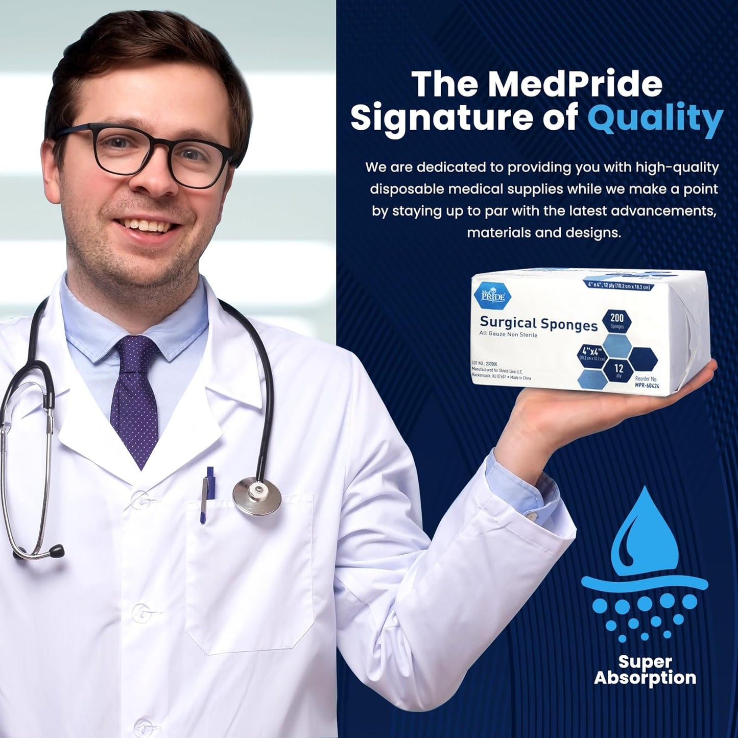 Medpride All Gauze Surgical Sponge Non-Sterile - 4”x 4”, 12-ply Extra Absorbent Sponges, 200/Box, Case of 10 (2,000 Count)