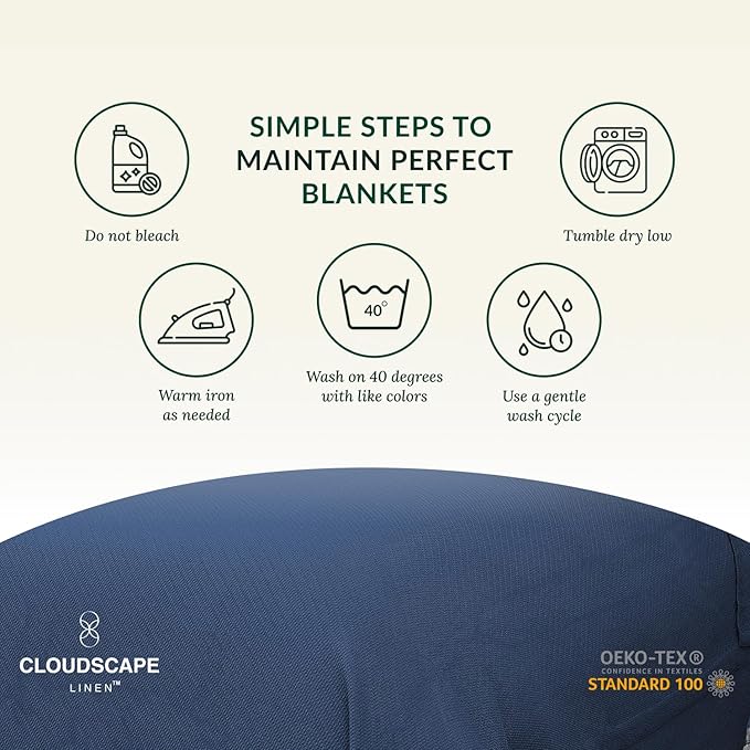 Cloud Scape Linen 100% Cotton Queen Size Blanket, Herringbone Pattern, Lightweight Summer Blanket,Best Gifts for Women, fits Full Size Bed, 92 x 92, Ensign Blue