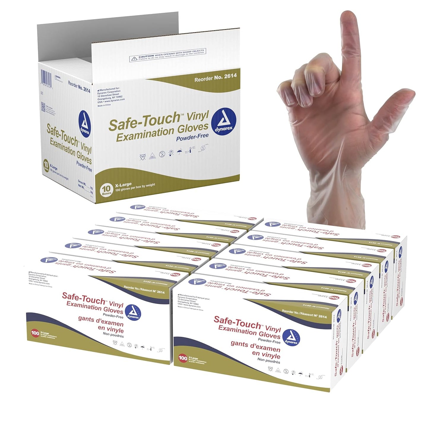 Dynarex Safe-Touch Vinyl Exam Gloves, 3 Mil Thick, Powder-Free, 100/bx, 10bxs/cs (1000 Count)