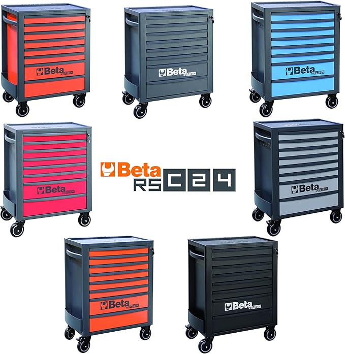 Beta RSC24 Heavy Duty Rolling Tool Cabinet, 8 Drawers, Light Grey, Ball Bearing Slides, Rubber Mat Liners, 5" Casters, Anti-Fall Edge Worktop, 1760 lbs Load Capacity, Made in Italy