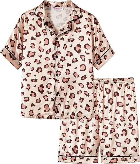 Girls Satin Pajama Set - Silky Button Down PJ with Shorts Size 6-16