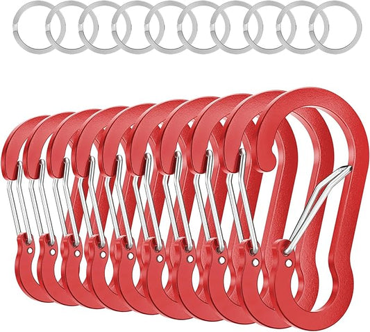 sprookber 3.2 Inch Aluminum Carabiner Clips D Ring, Caribeaner Spring Snap Hook with Keychain for Camping, Hiking, Gym & Outdoor Gear, Set of 10