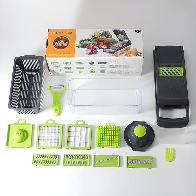 16-in-1 Vegetable Chopper & Slicer | Stainless Steel Mandoline Cutter with Onion Dicer, Grater, Spiralizer, Julienne Blades | Multifunctional & Manual Kitchen Tool I Lightweight & Easy To Use