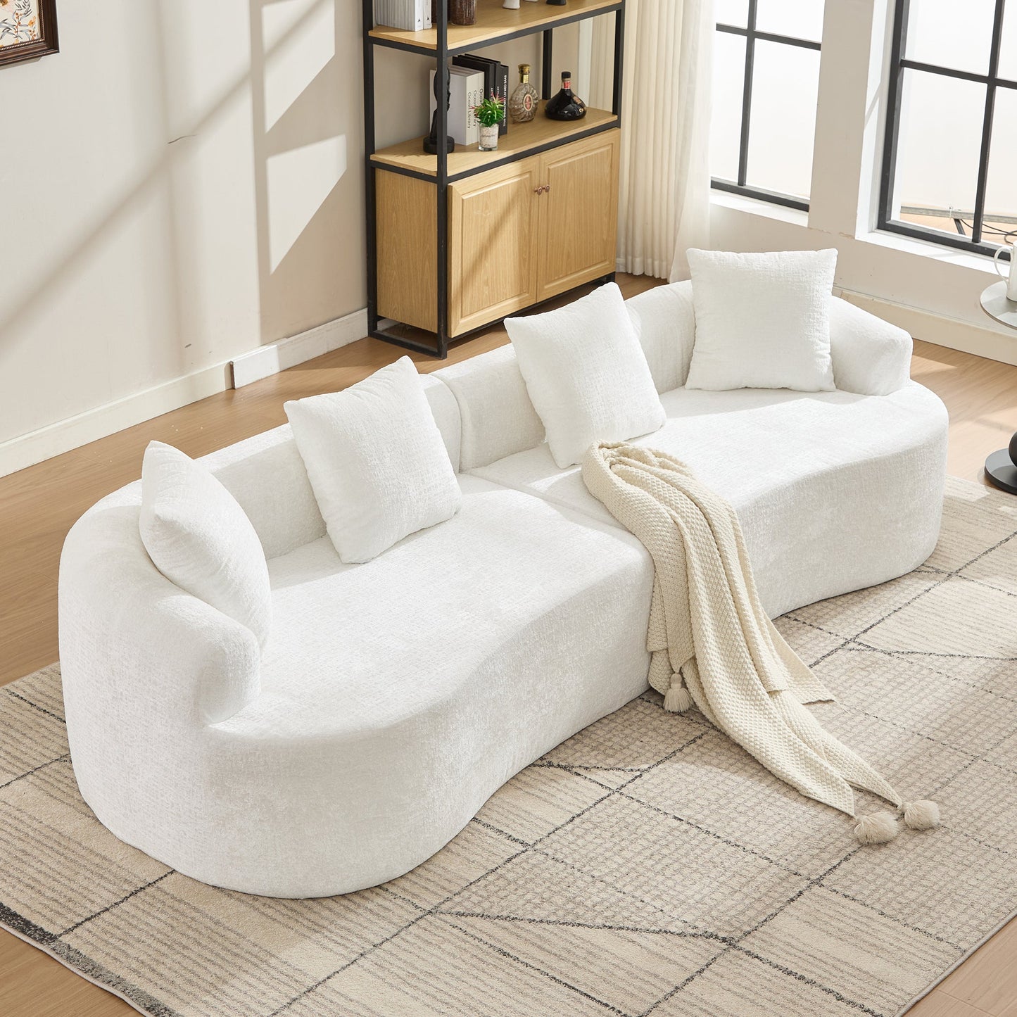Sofa Curved Chenille Beige Deep Seat 3 Pillows No Assembly 110 In 300 LB