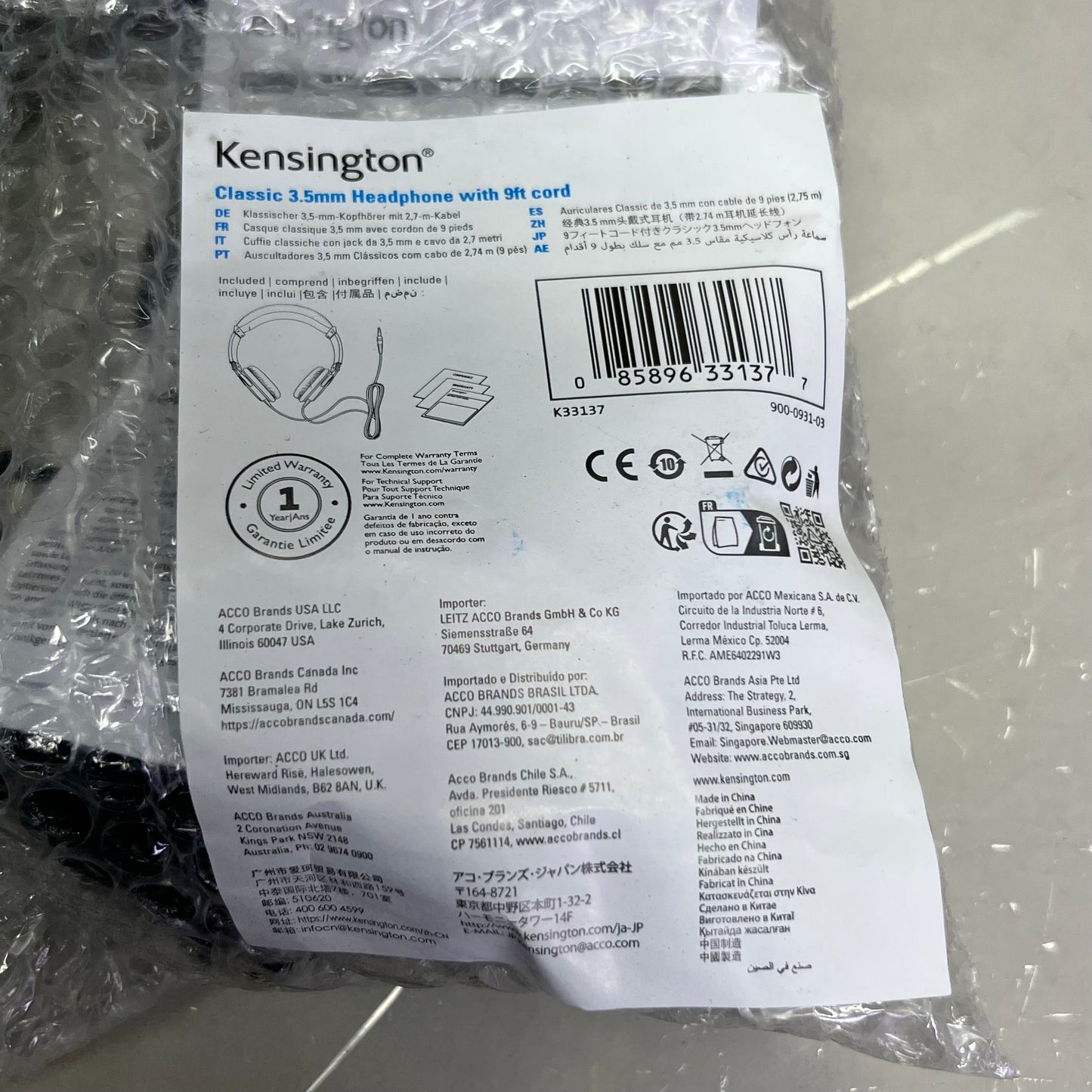 KENSINGTON Classic 3.5mm Headphone With 9ft Cord, Black K33137