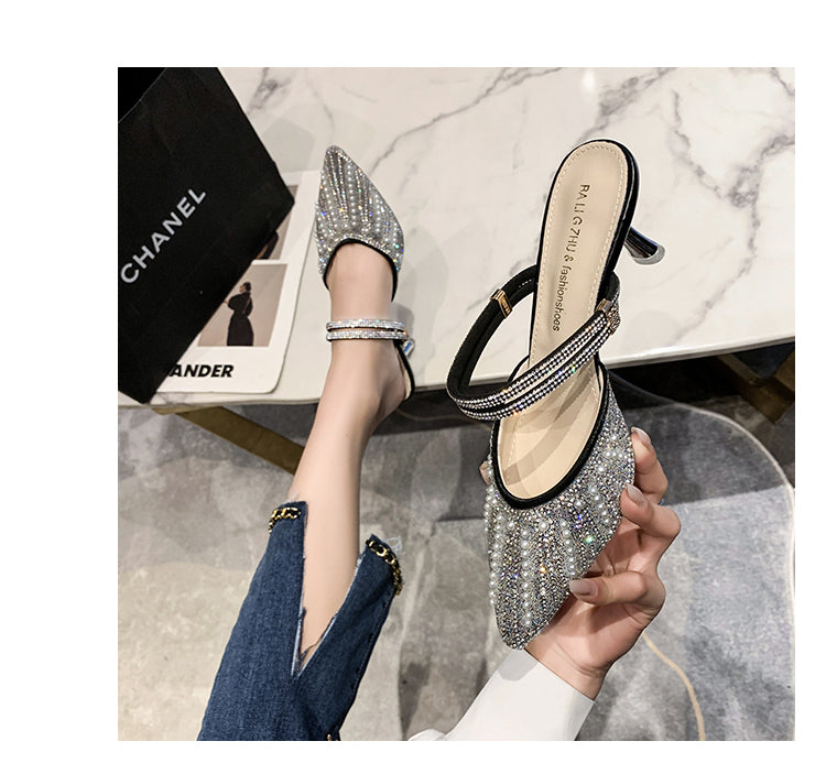 Women Pearl Rhinestone Pointed Toe High Heel Slippers, 2026 New Korean Fairy Style Thin Heel Single Strap Sandals For Outdoor Wear