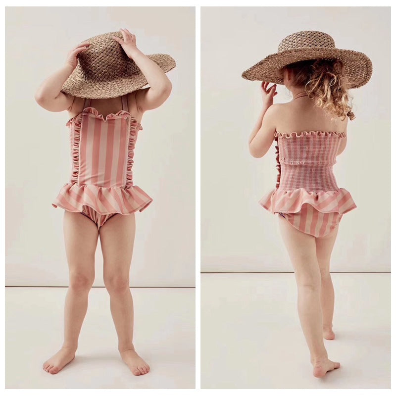 Children's Swimwear Ins Explosion Models Girls Siamese Striped Princess Wind Lace Swimsuit