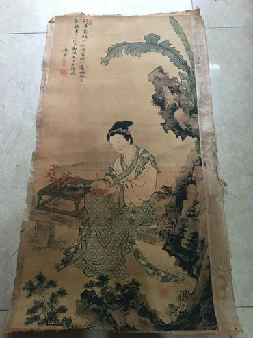 Tang Yin–Style “Poems on Red Leaves” Chinese Scroll – Ink & Color on Rice Paper