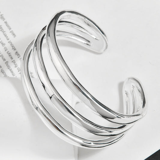 Triple Layer Spiral Open Cuff Bracelet, Polished Silver Minimal Sculptural Bangle, Quiet Luxury European Spanish Women Jewelry