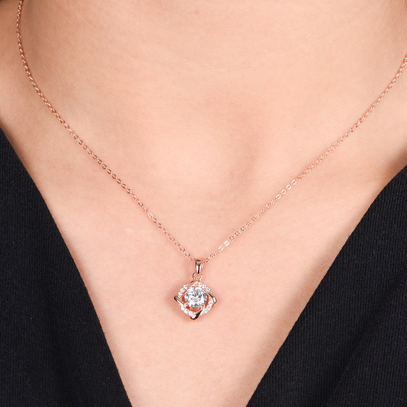 S925 Sterling Silver 1ct D-VVS1 Moissanite Necklace, Twisted Pendant Design, Platinum Plated 40&45cm Chain, GRA Certified Jewelry Gift Box