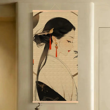 Handmade Bamboo Scroll Tapestry Wall Hanging, Classical Lady Ink Painting for Boutique Hotel Bar Living Room House Decor