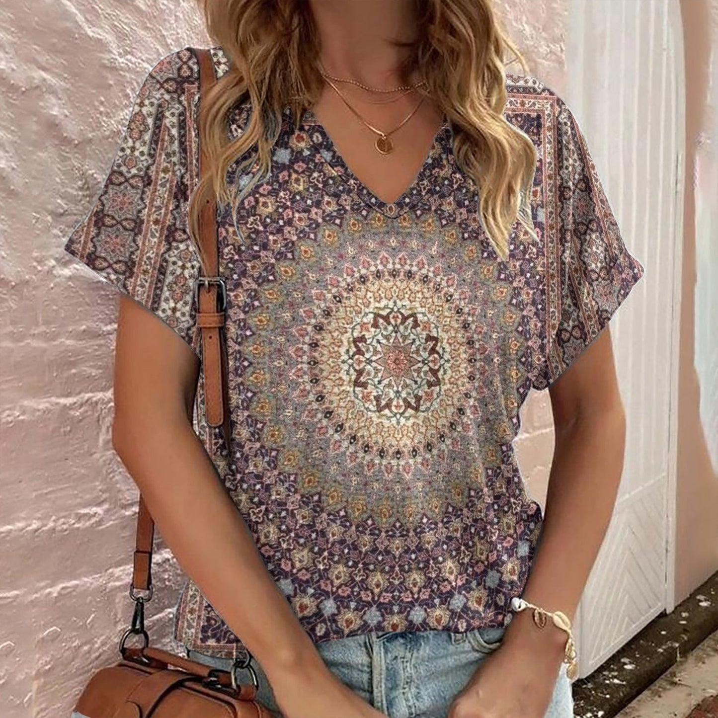 Womens Bohemian-Style Printed Short-Sleeve V-Neck Blouse