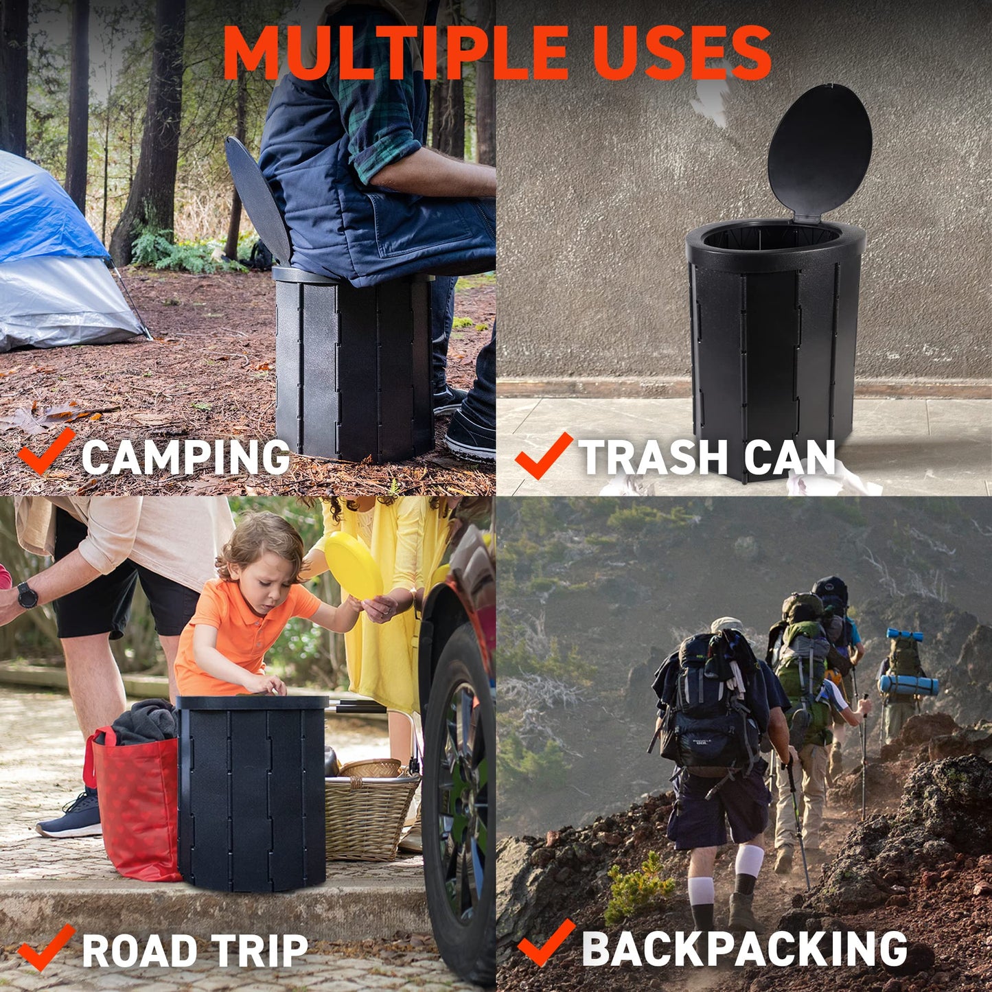 72 HRS Portable Collapsible Camp Toilet - Extra Large, Lightweight & Sturdy (With 12 Toilet Bags)