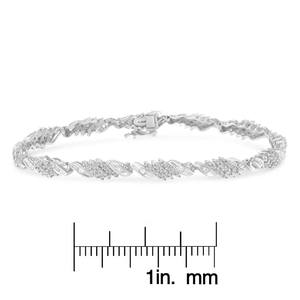 Round and Baguette Diamond Wave Bracelet in Sterling Silver 1.5 Cttw