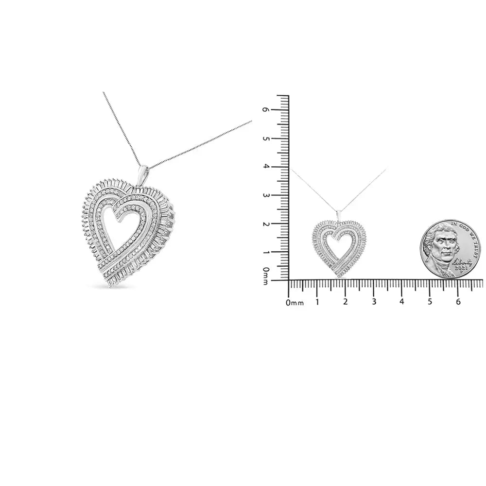 Round and Baguette Diamond Heart Pendant in Sterling Silver 1 1/4 Cttw