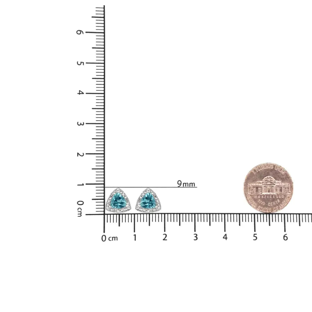 Trillion Blue Topaz and Diamond Halo Stud Earrings in Sterling Silver 6mm