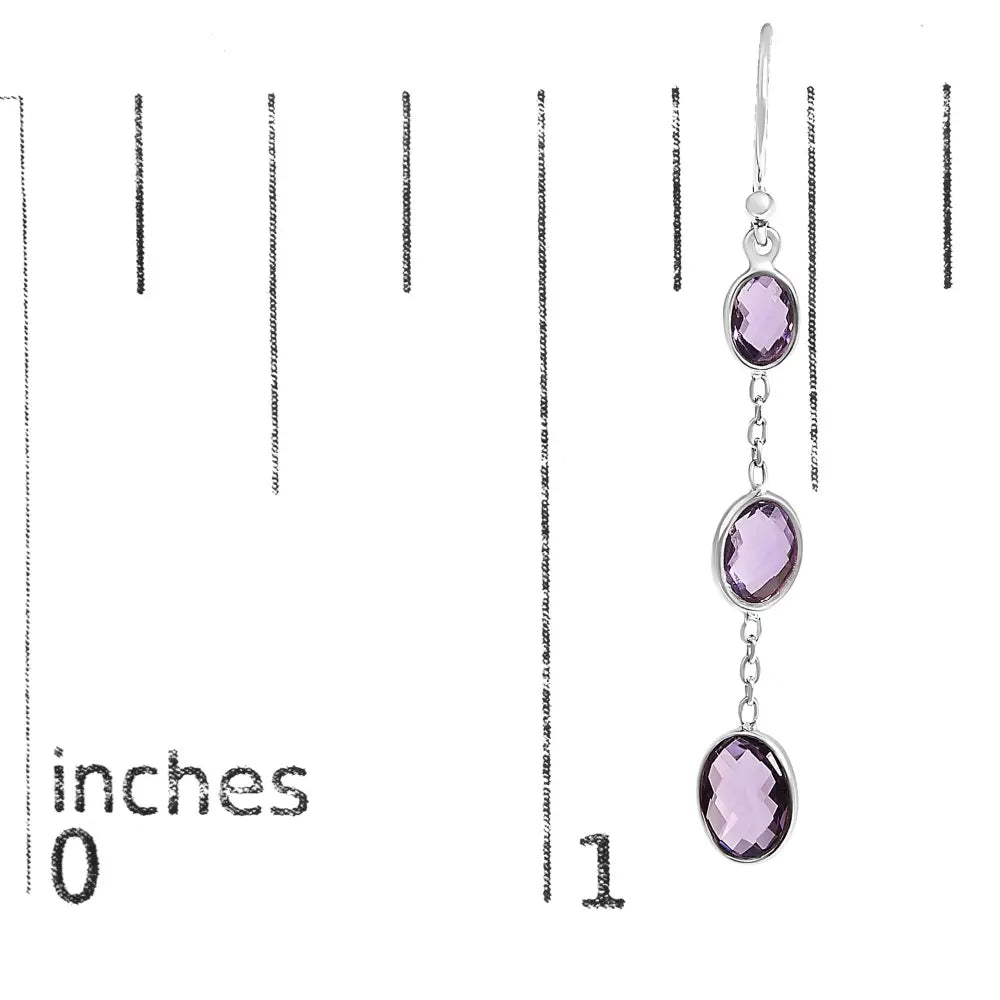 Sterling Silver Checkerboard Oval Amethyst 2 Inch Triple Drop Earrings