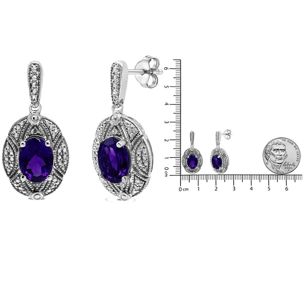 Oval Amethyst and Diamond Accent Milgrain Studs in Sterling Silver