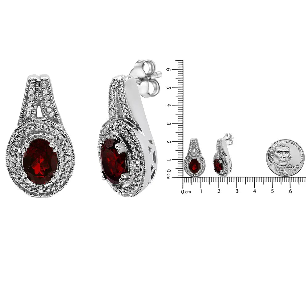 Oval Garnet and Diamond Accent Milgrain Stud Earrings in Sterling Silver