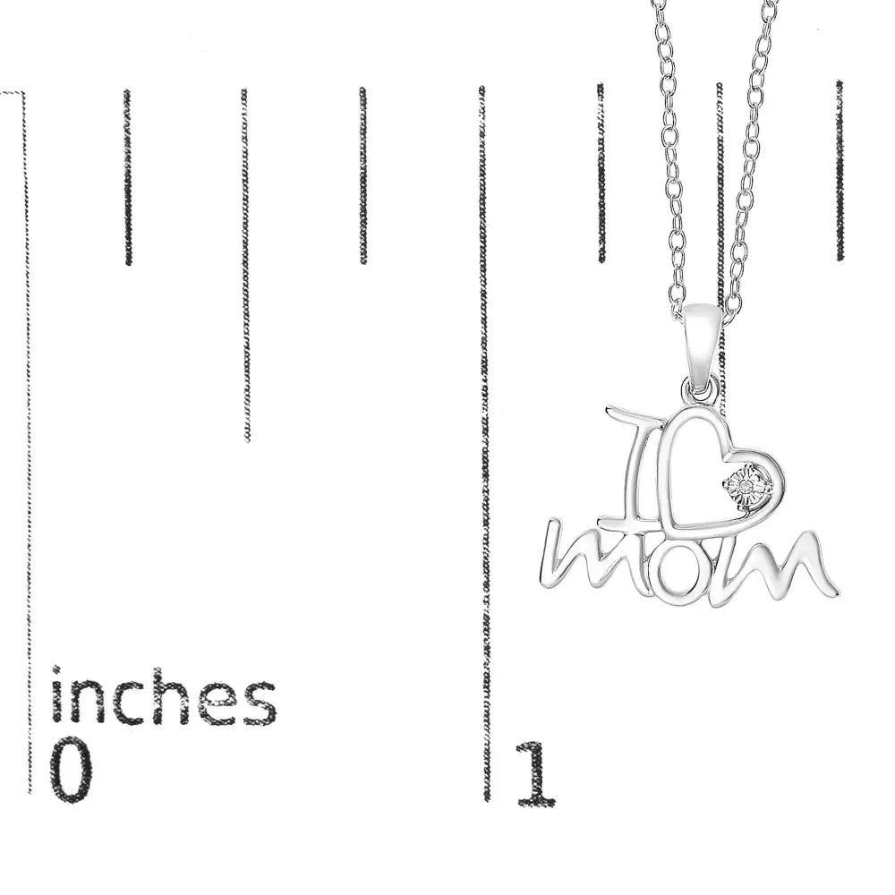 I Love Mom Diamond Heart Pendant Necklace in Sterling Silver 18 Inch
