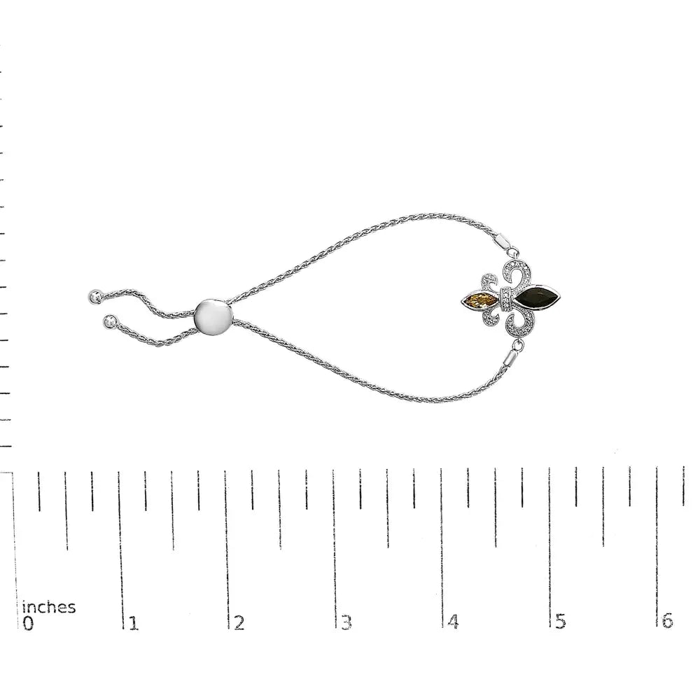 Black Onyx Citrine and Diamond Fleur De Lis Bolo Bracelet in Sterling Silver