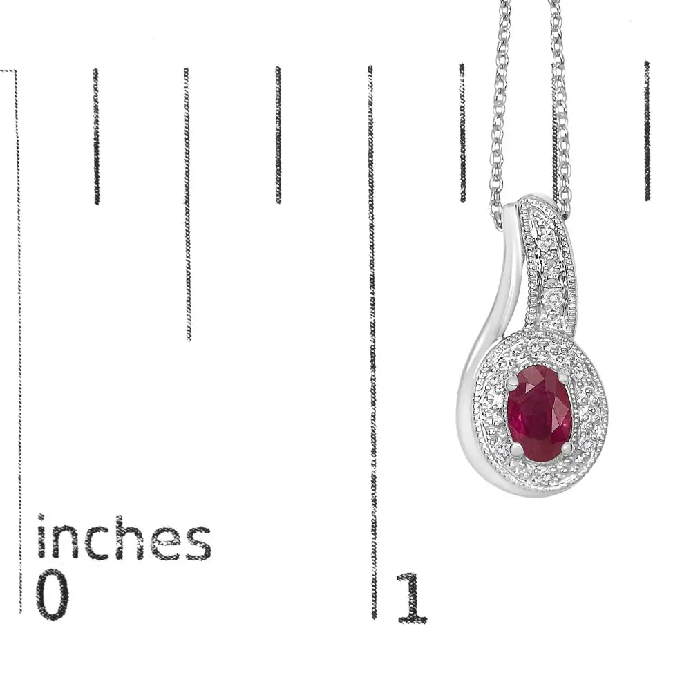 Sterling Silver Oval Ruby and Diamond Milgrain Swirl Pendant Necklace 18