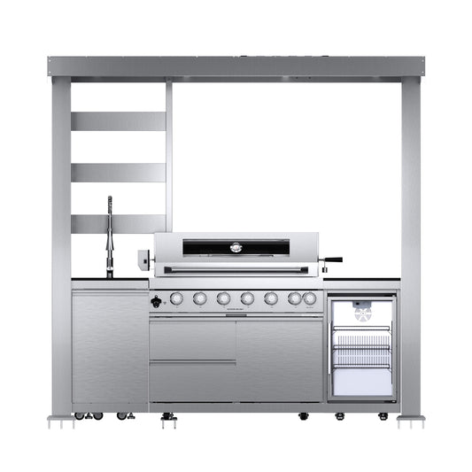 Castelle Flame Astoria 94-Inch 6-Burner 85K BTU Outdoor Kitchen Grill Island With Wine Cooler, Rotisserie, Cabinets, And Granite Countertops (SAK68014)