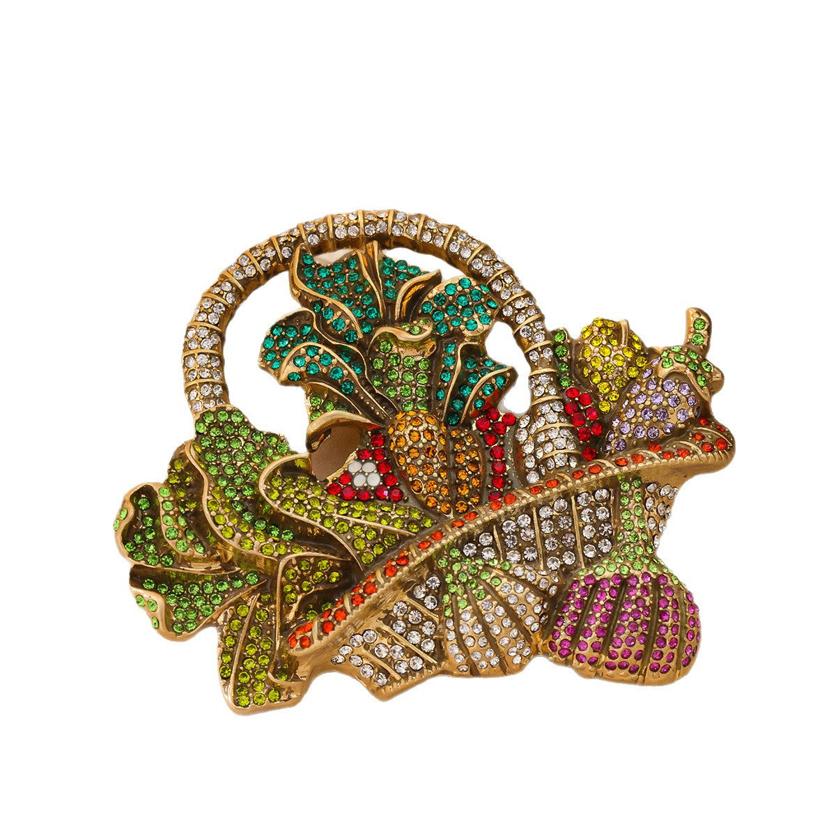 Heavy-industry Rhinestone Fruit Basket Brooch Vintage Distressed Style