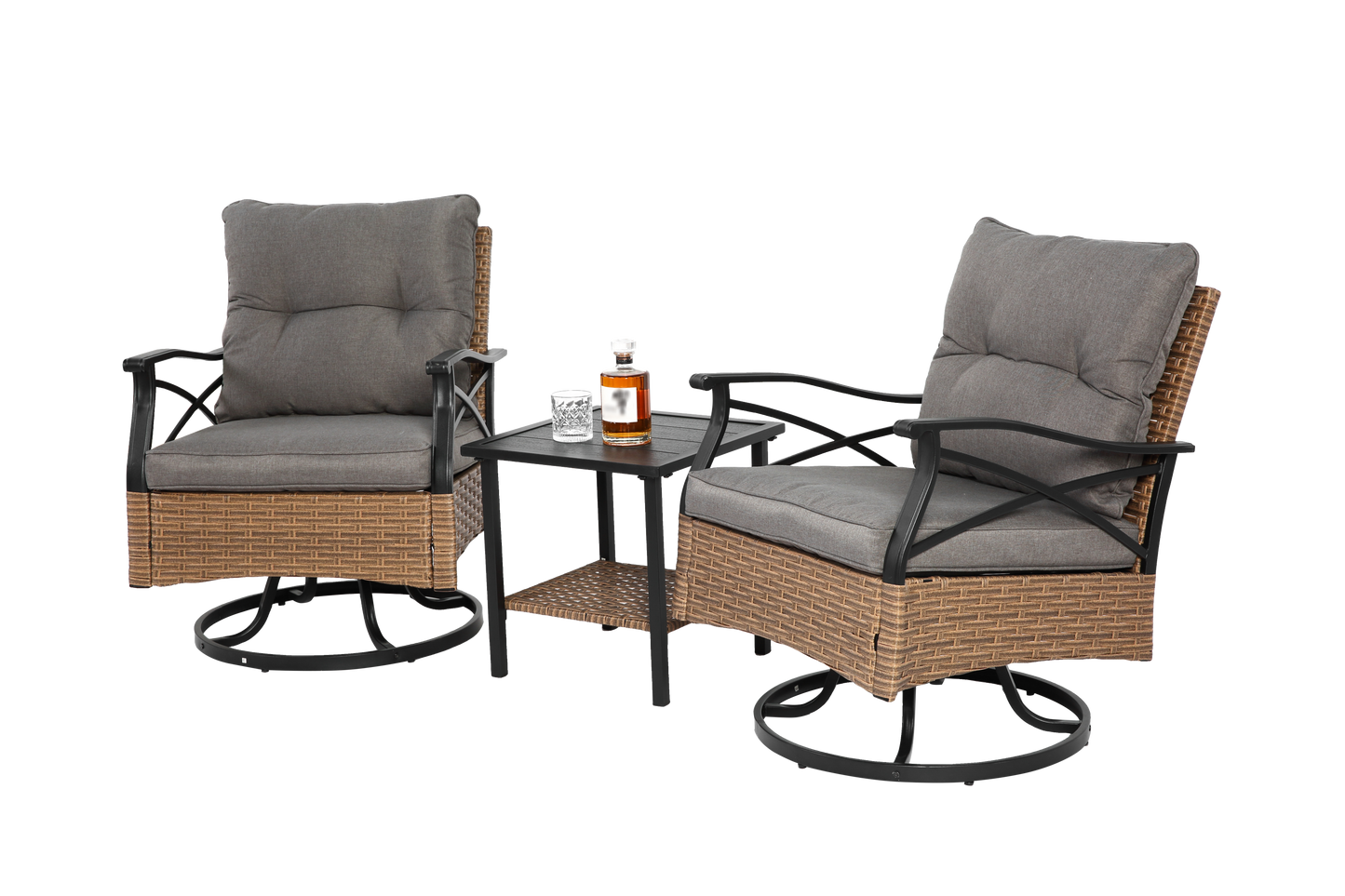 Outdoor Patio Set PE Rattan Steel Brown Swivel Rocker 3 Piece 350 LB