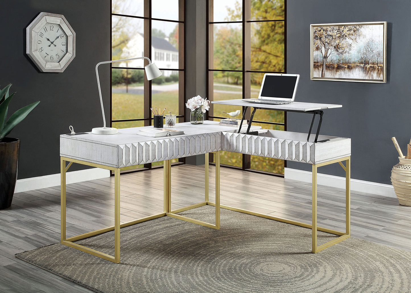 Transitional Two-tone Computer Desk Antique White, USB Port Lift Top Design A...