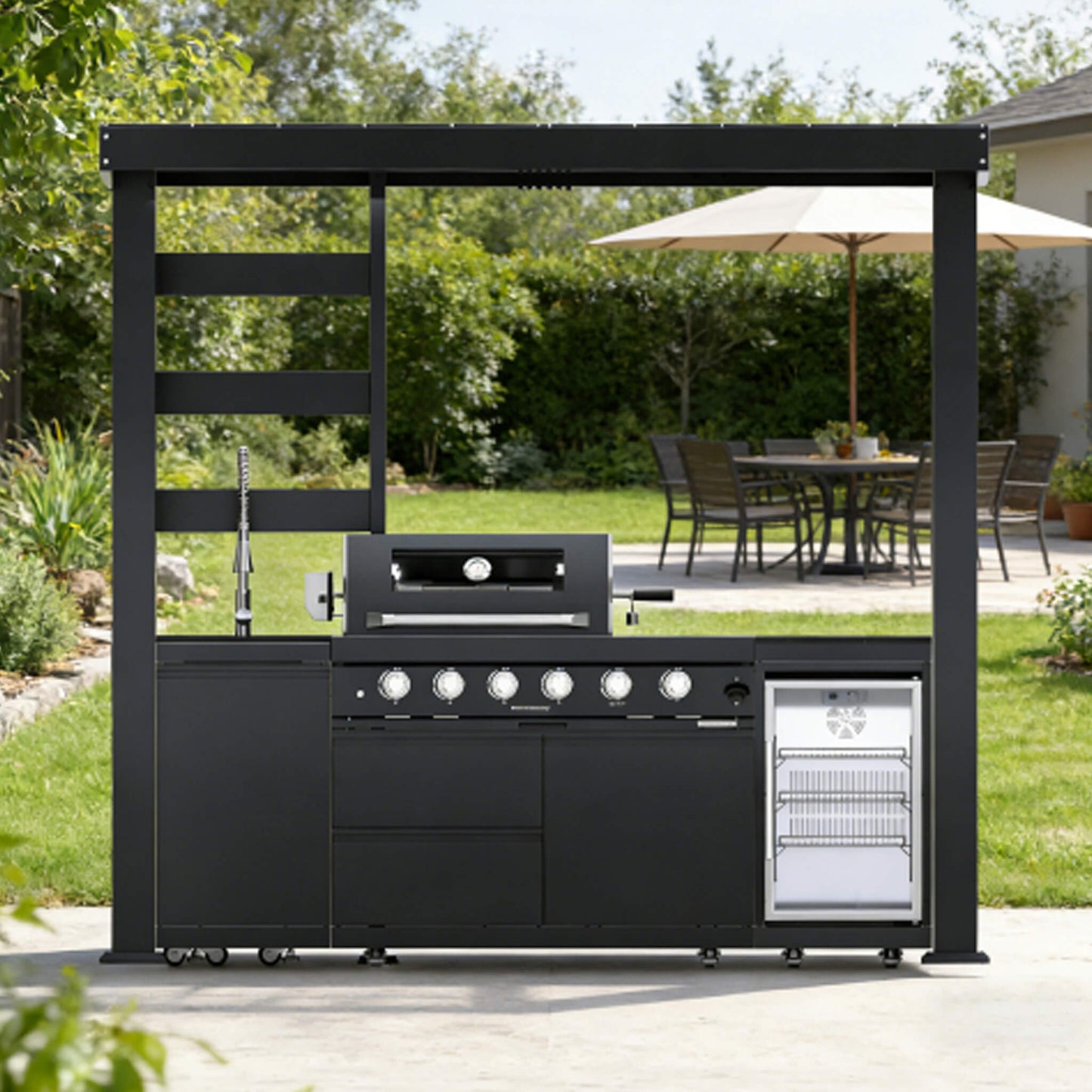Castelle Flame Amalfi 97-Inch 4-Burner 72K BTU LP Outdoor Kitchen Grill Island With Wine Cooler, Rotisserie, Cabinets, And Granite Countertops (SAK70319)