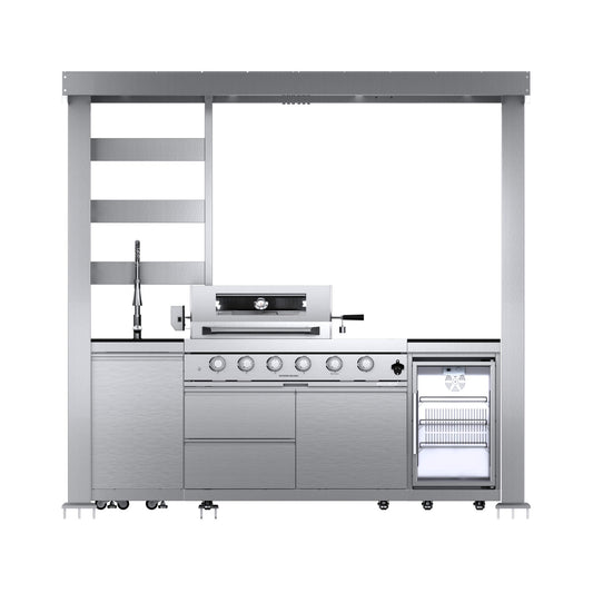 Castelle Flame Amalfi 97-Inch 4-Burner 72K BTU LP Outdoor Kitchen Grill Island With Wine Cooler, Rotisserie, Cabinets, And Granite Countertops (SAK70319)