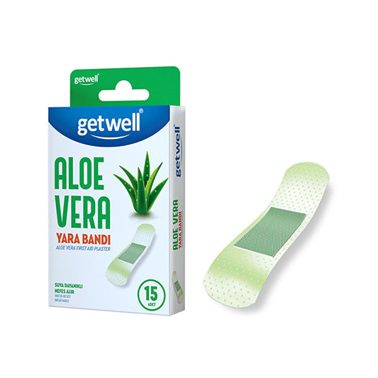 Getwell Aloe Vera Waterproof Adhesive Bandages - Breathable Wound Dressing for Cuts, Scrapes - First Aid Protection & Fast Healing (15 Count)