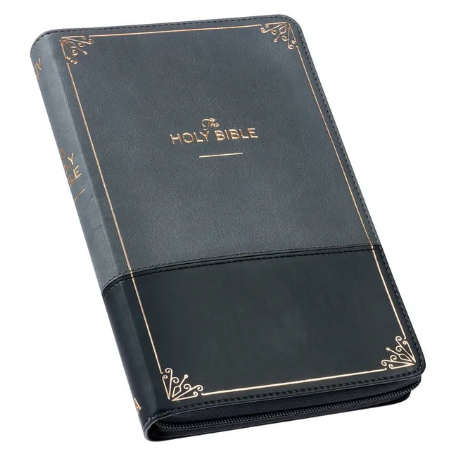 KJV Holy Bible Standard Size Faux Leather Red Letter Edition Thumb Index & Ribbon Marker, King James Version, Gray/Black, Zipper Closure - Leather