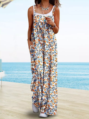 Full Size Floral Print Wide Leg Spaghetti Strap Overalls Plus Size