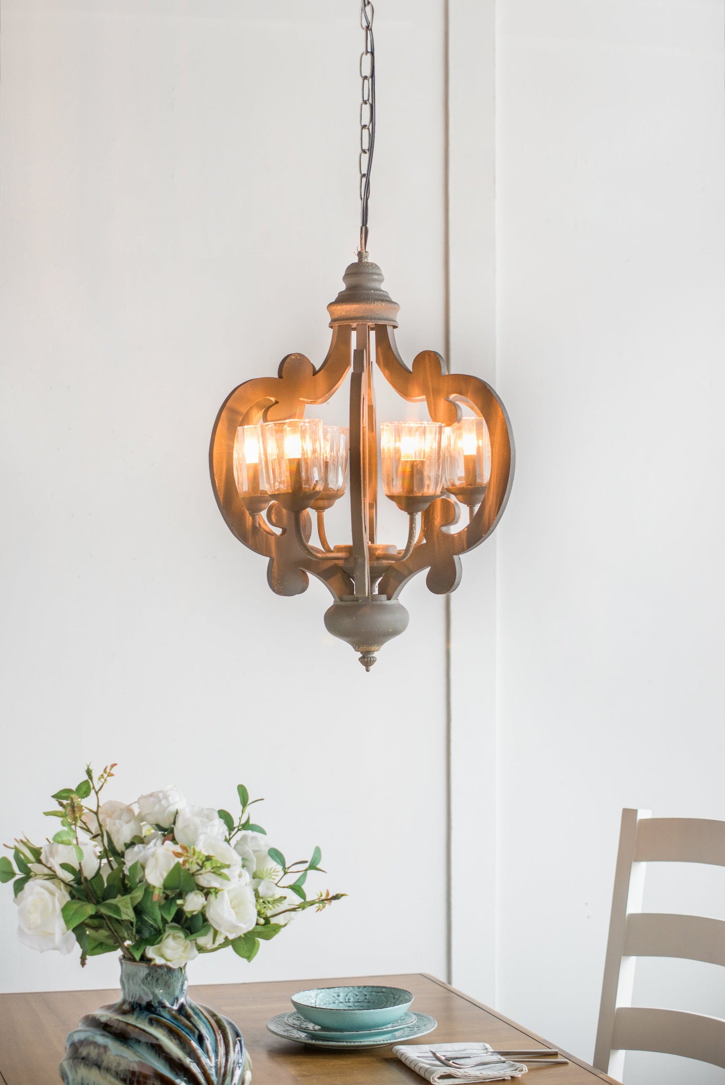 Chandelier Farmhouse 6-Light Wood Pendant Adjustable Chain Dining Room
