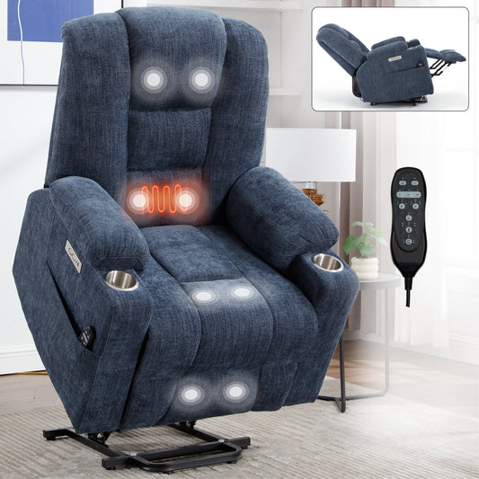 Lift Recliner Chair Power Chenille Blue Heat Massage USB Cup Holders 350 LB