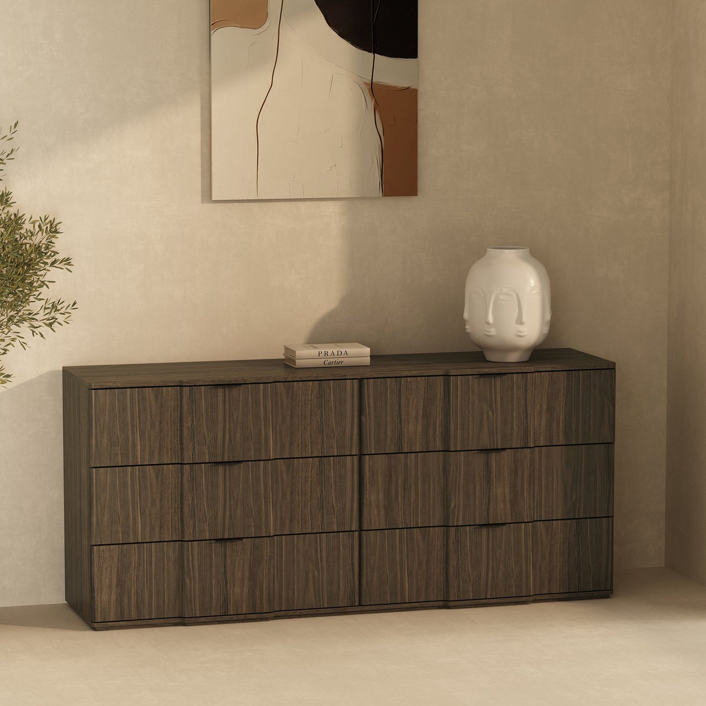 Dresser Modern 6-Drawer Walnut Gold MDF Sculpted Fronts Metal Handles 72 In