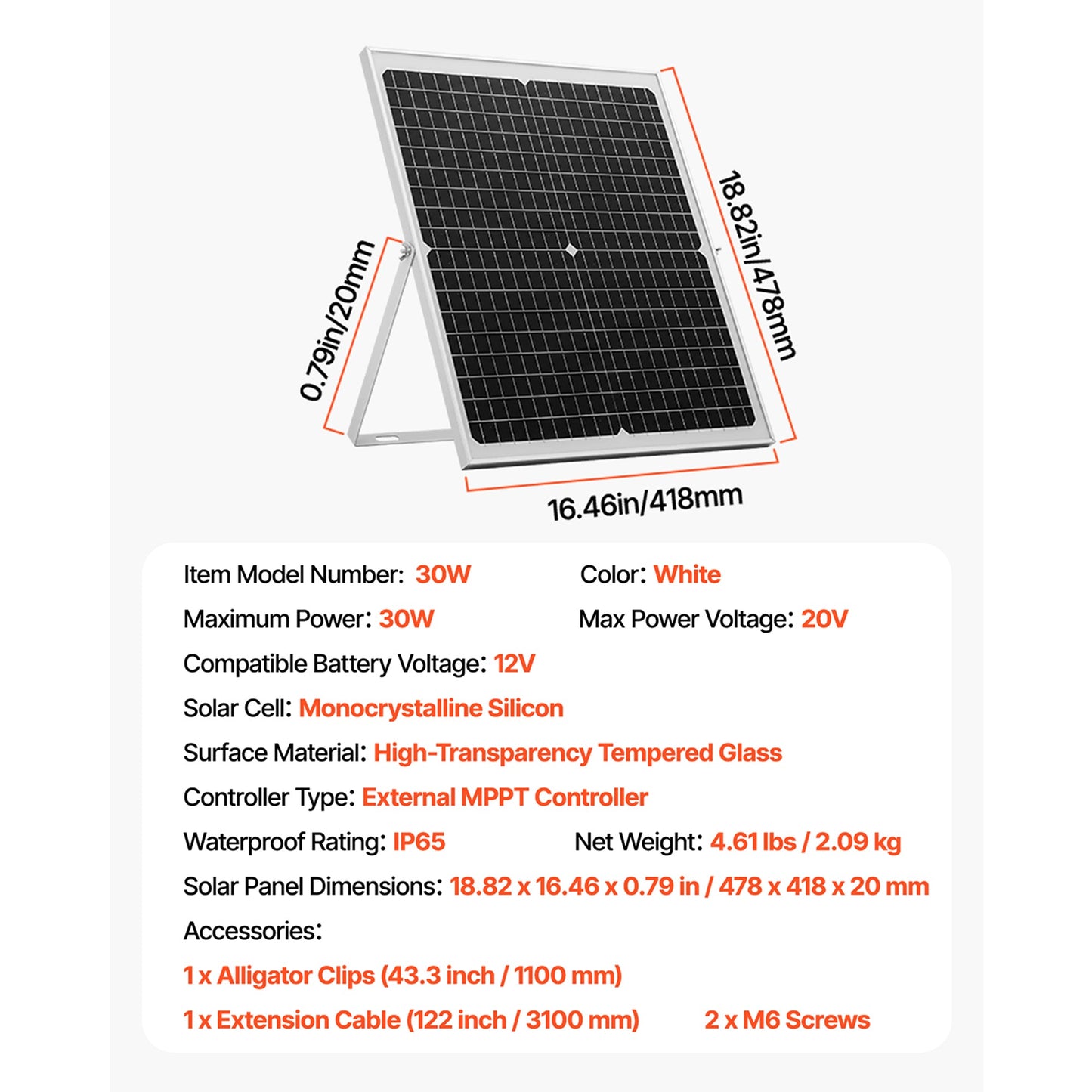 30W 12V Solar Battery Trickle Charger, MPPT Controller, IP67, Car Boat RV